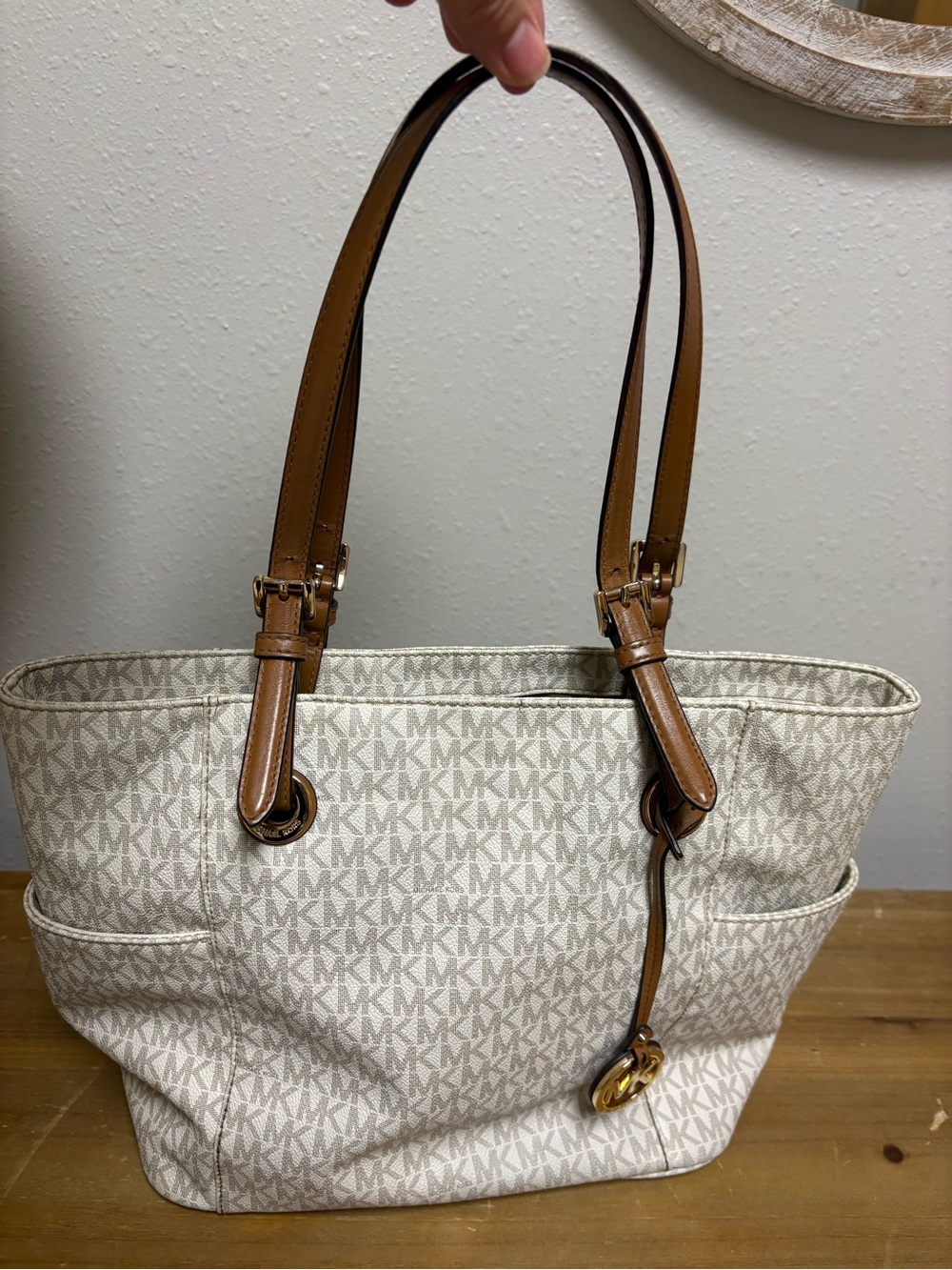 Michael Kors Cream MK Logo Tote with Tan Leather Straps